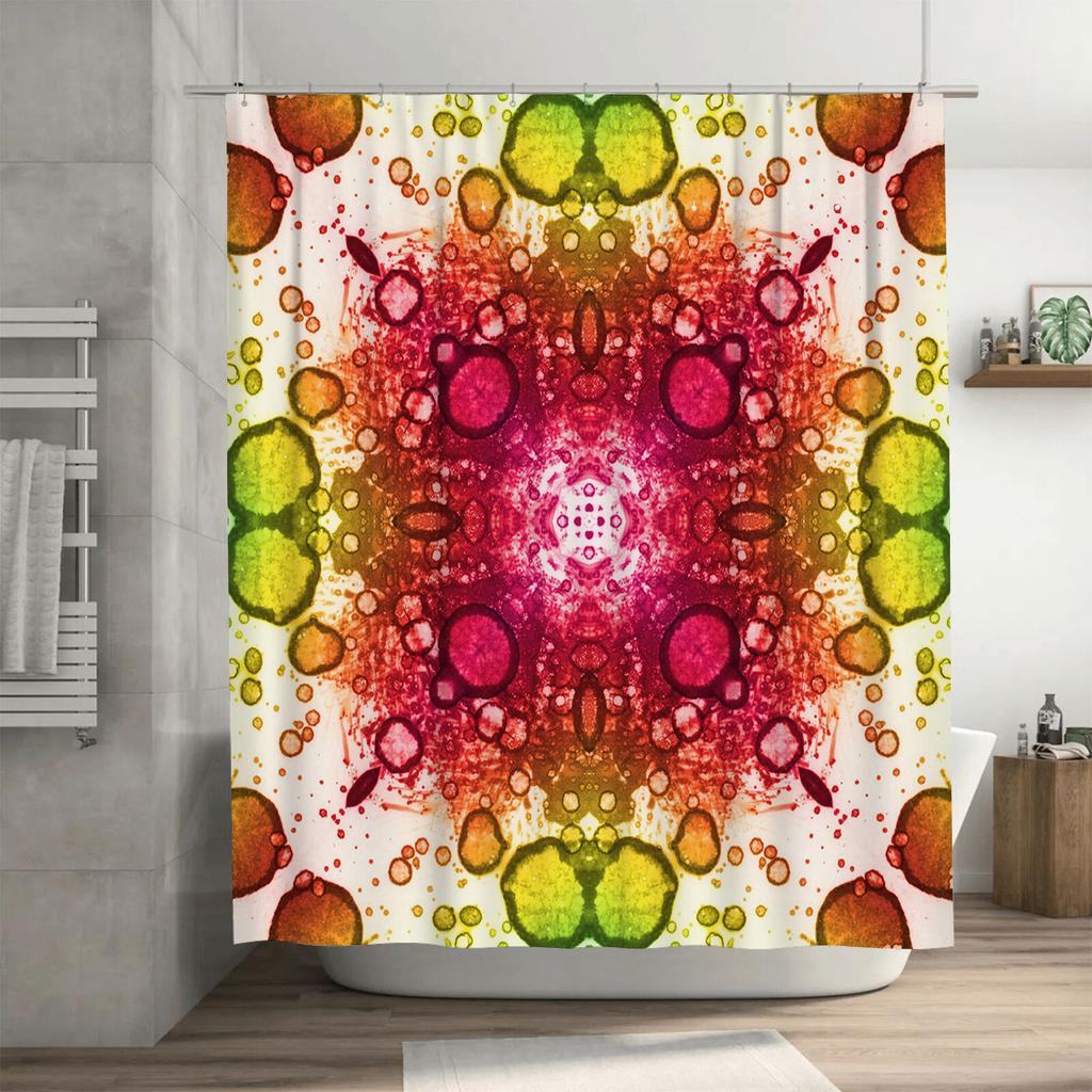 Modern Bathroom Shower Curtain with Watercolor Floral Print Pink Yellow Orange Red Green Colorful Design Artistic Shower Panels