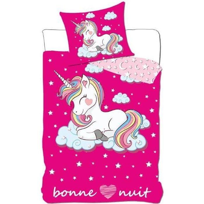 Parure de lit LICORNE-UNICORN - Rose - 140x200 cm + Taie 63x63 cm - Coton