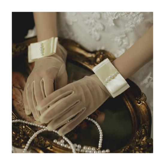 Satin Bride Gloves Short Tulle Wedding Gloves Sheer Wrist Gloves with Bow Faux Pearls for Prom Evening Opera Tea Party