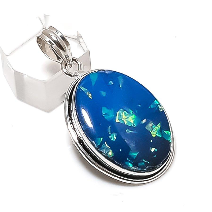 Blue Triplet Opal Gemstone Handmade 925 Sterling Silver Pendant 1.77" w9Q74