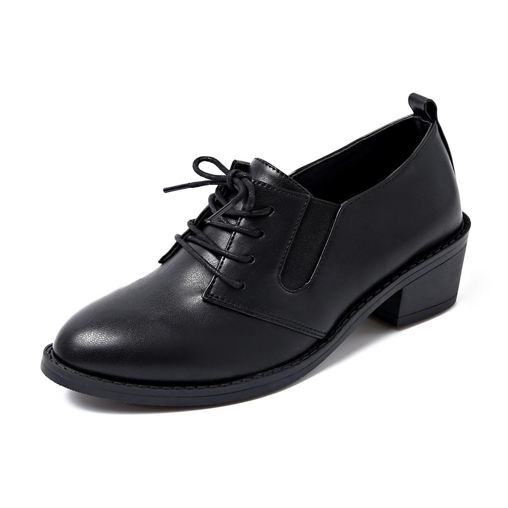 Fall 2025 New Thick-heeled Low-top Single Shoes Women's Plus-size Lace-up Retro Leather Shoes