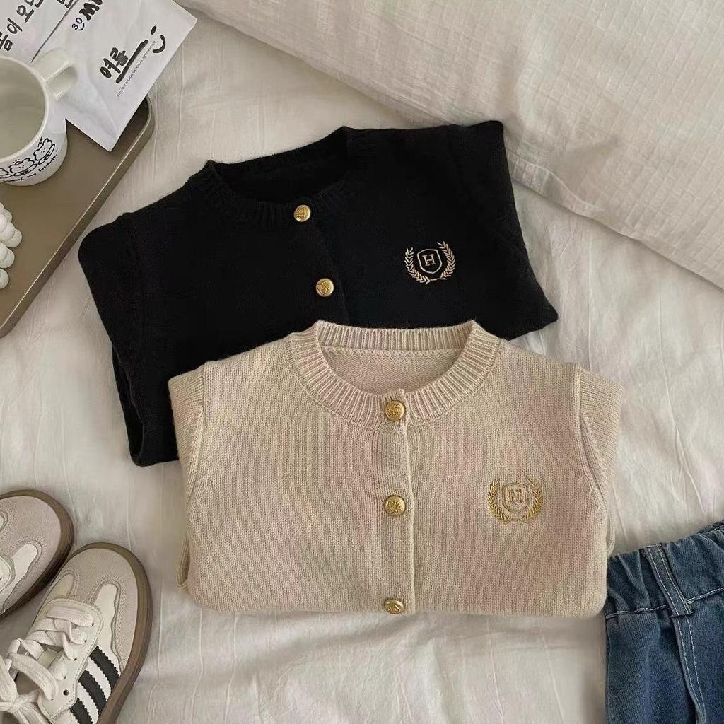 Kids Preppy Solid Embroidered Cardigan Sweater Spring Autumn Unisex Jacket