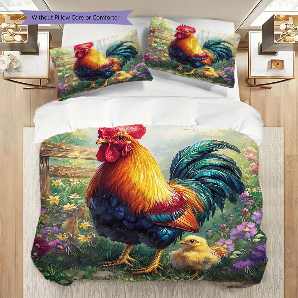Rooster Pattern Bedding Quilt Set Quilt Cover Pillowcase Home Decoration Birthday Gift (1 * duvet cover + 2 * pillowcase, without core)