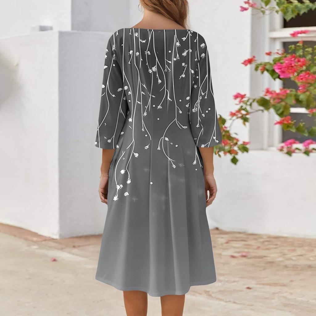 Women's Casual Fashion V Neck Three Quarter Sleeve Print Midi Dress
