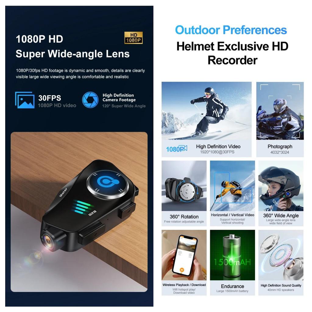 Q28 Kask motocyklowy Zestaw słuchawkowy Bluetooth i Kamera Bezprzewodowa HD 1080P Super Szerokokątny Obiektyw Wodoodporny Rejestrator Wideo WiFi Moto Jazda Narciarstwo Rejestrator
