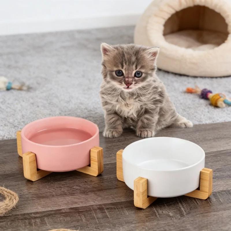 Wooden Rack Ceramic Pet Double Bowl Integrated Eating Drinking Basin No Spill Feeder For Small Cats Dogs Neck Care Pet Supplies