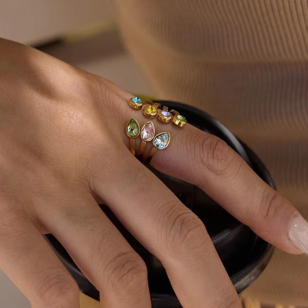 Elegant Open Ring Colorful Crystal Finger Ring Fashion Geometric Crystal Ring  for Women