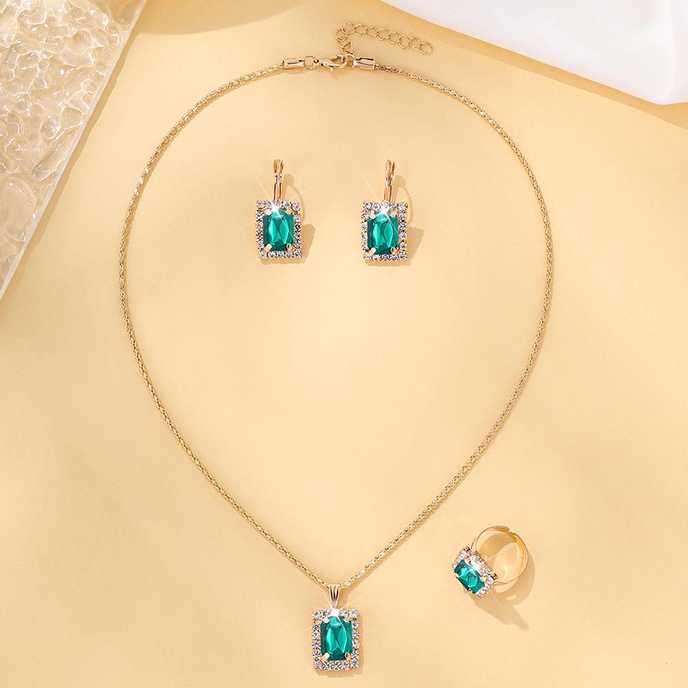 4 Piece Set Women Fashionable Temperament Circular Green Crystal Necklace Bracelet Earring Ring Combination Versatile Exquisite