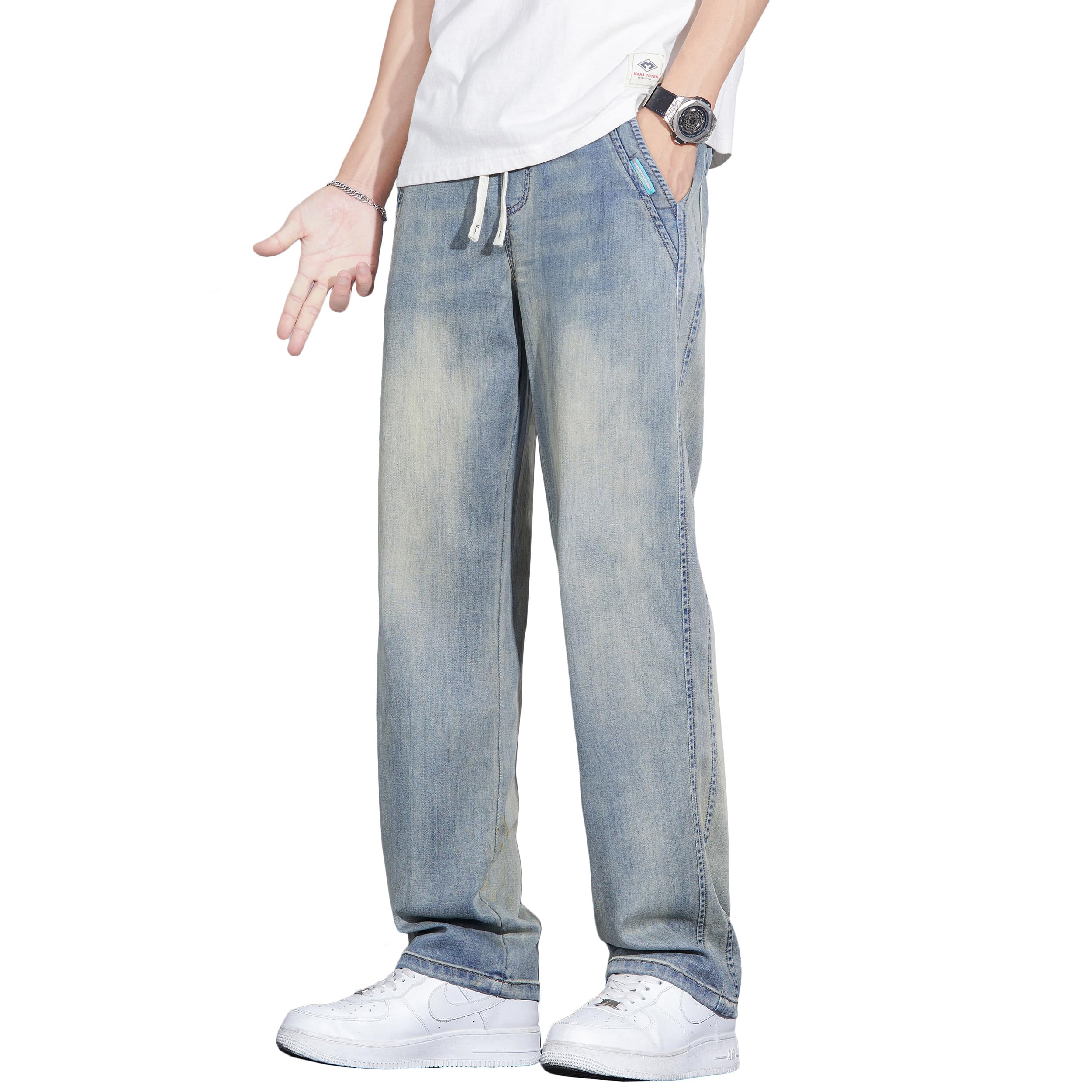 

W Wonyo Denim Washed Tencel Прямые Легкие Летние Повседневные Большие Размеры Свободные 3XL Мужские Брюки Широкие Штанины, Ткань, Прохладные, Тонкие, Посадка, Брюки, Охлаждающие,