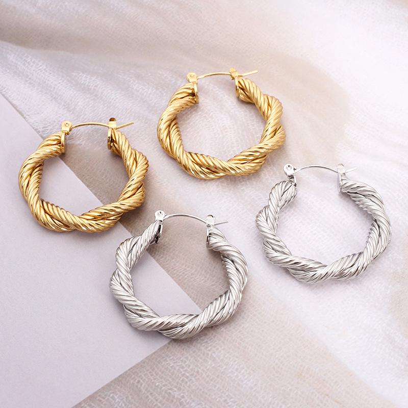 18K Gold Twisted Rope Rhombus Pattern Large Round European Earrings for Women