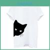 Stylisches Damenmode-T-Shirt mit Katzenaufdruck, kurzärmelig, lässige Bluse in Schwarz-Weiß