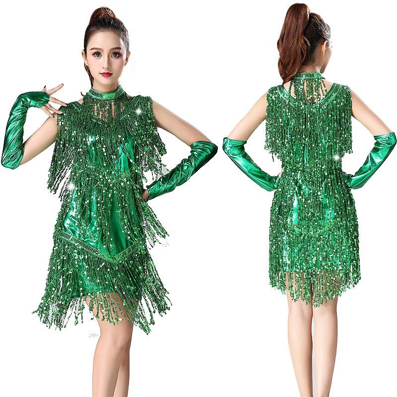 Latin Dance Dress With Fringe Sequins Sleeveless Performance Skirt Competition Party Show