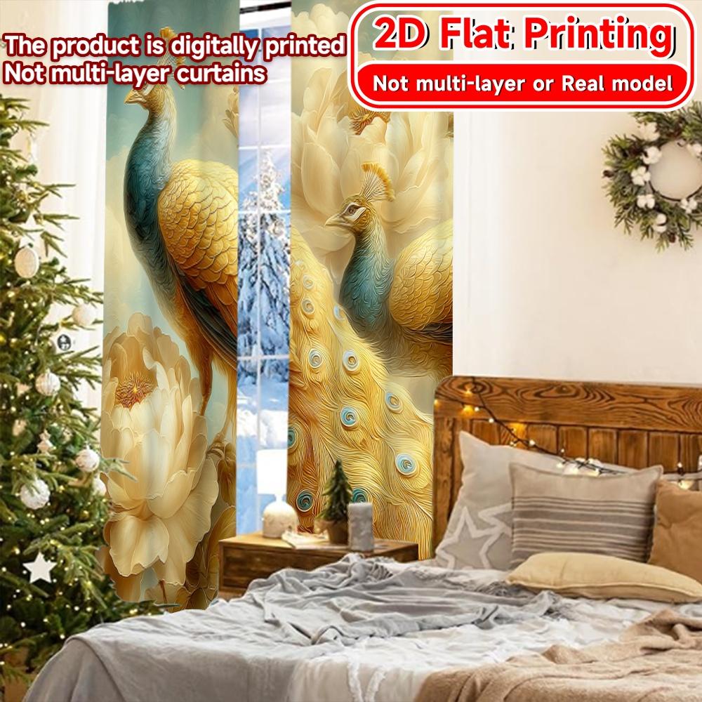 Set Of 2 Elegant Flat Printing Curtains Without Rod Peacocks Flowers New Year Festival Minimalist Prints Light Curtain Polyester