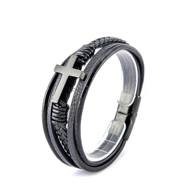 Mary Accessories, Stainless Steel Cross Fashion Bracelet Personalized Multi-layer Woven Leather Bracelet Men