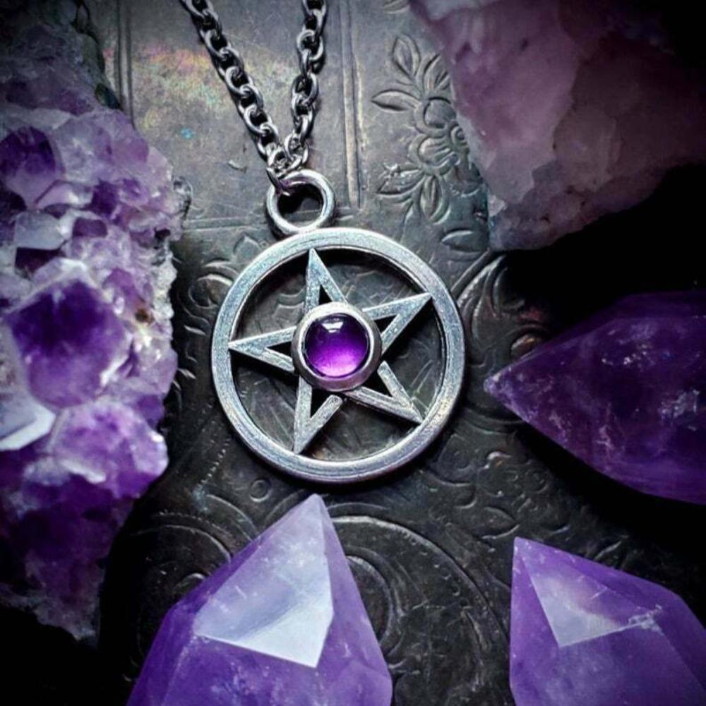 Charm Gothic Silver Color Geometric Five-pointed Star Runes Pendant Necklace for Women Men Halloween Party Collar Chain Jewelry
