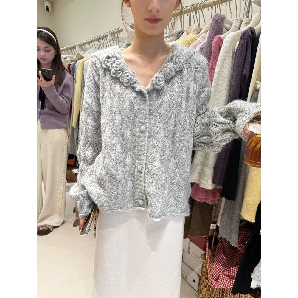 Gentle Wind Hollow Three-dimensional Flower Knitted Cardigan Sweater Women's Loose Lazy Chic Good-looking Navy Collar Jacket