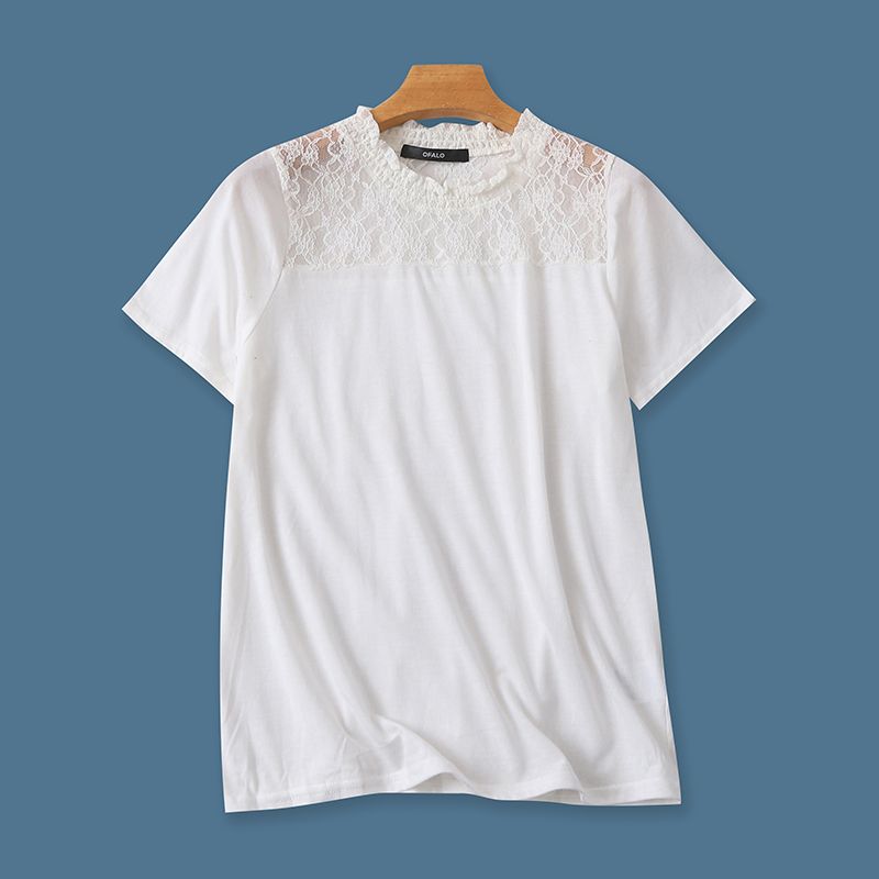 

4448 Lace T-shirt Summer New Arrival Cotton Pullover Patchwork All-Matching Slim Fit Short-Sleeved Shirt Women s Export Tail Single White M