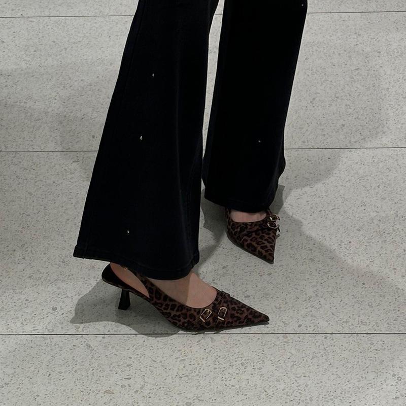 Leopard High Heels Ladies Pointed Toe Slingback Sandals Summer Plus Size Women Comfort Low Heel Office Pumps Elegant Dress Shoes