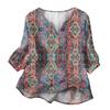 Women’s Floral Pattern Henley Neck Button Front Cotton Linen Shirt with 3/4 Sleeves Relaxed Fit Casual Blouse for Everyday Wear