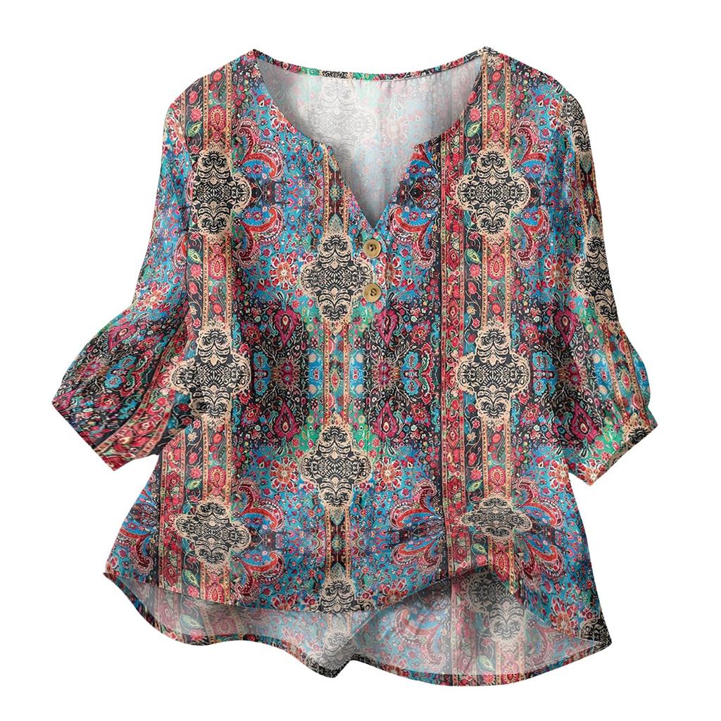 Women’s Floral Pattern Henley Neck Button Front Cotton Linen Shirt with 3/4 Sleeves Relaxed Fit Casual Blouse for Everyday Wear