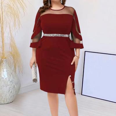 Women Dress See-through Mesh Patchwork Split Hem Sheath Slim Fit Three Quarter Sleeves Shiny Powder Crew Neck Prom Evening Party Office Wear