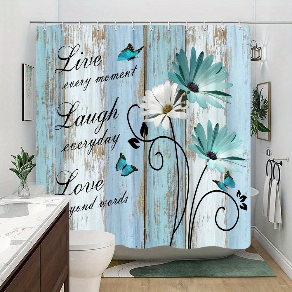 "Daisies & Butterflies Curtain - Live Every Moment Quote, Distressed Blue, Polyester, 12 Hooks, 70In, Machine Washable"