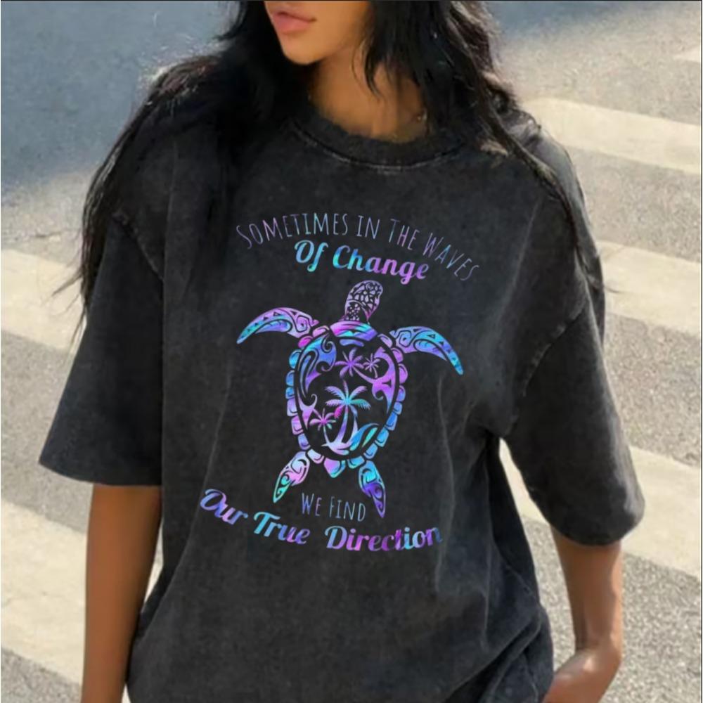 Washed Cotton Ocean Turtle Print T-Shirt Turtle Graphic Tee Casual Loose Short Sleeve for Beach