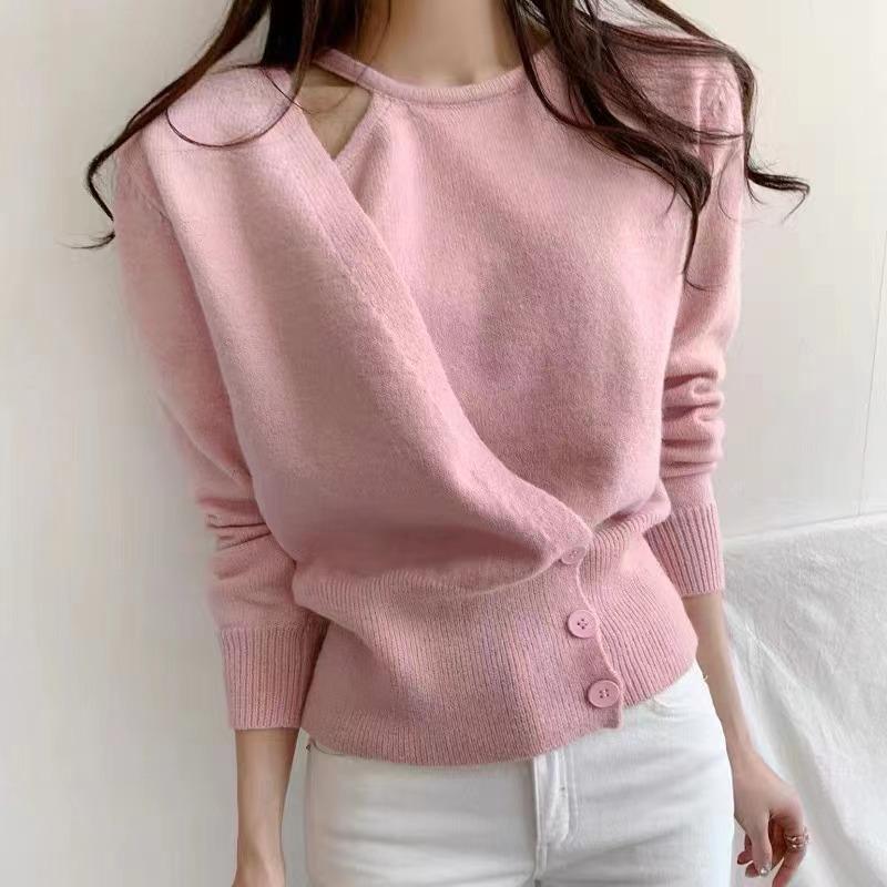 

Autumn new fake two-piece buckle waist thin long-sleeved knitted sweater women s loose and versatile outerwear sweater tide one size fits all розовый