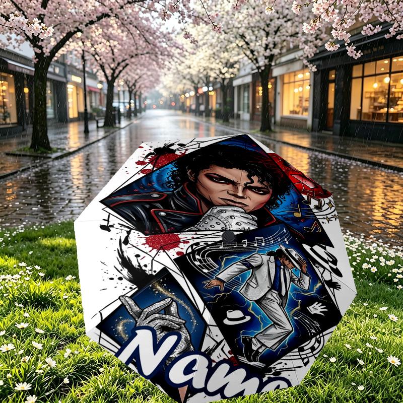Custom Name Personalized Michael Jackson Print Umbrella, Auto Open Close, 8‑Rib Sturdy Frame, Commute Camping Hiking Use, Birthday Gift
