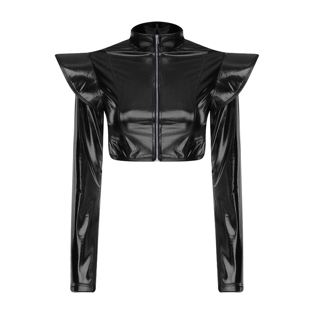 S-3XL Women Iridescent Metallic Crop Jacket Long Sleeve Structured Shoulder Boards Stand Collar Front Zipper for Club Raves Party