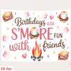 2D Banner, Designed In Watercolor Style, Depicts S'Mores, Cloud Candies and a Campfire Heart, Celebrating the Birthday.