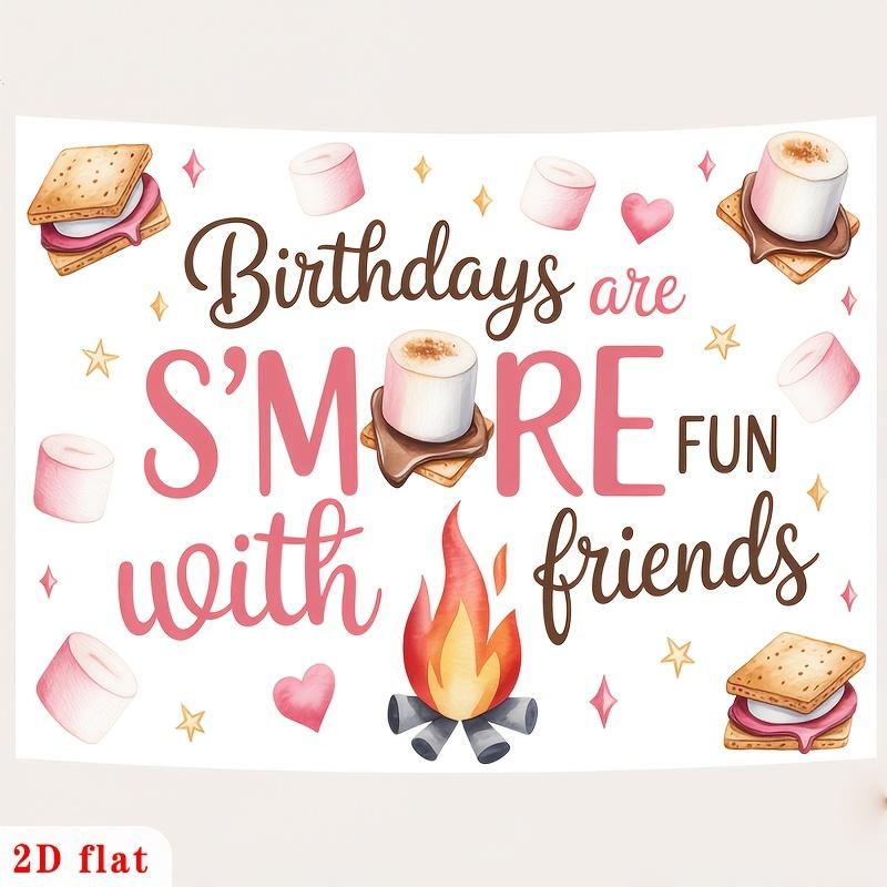 2D Banner, Designed In Watercolor Style, Depicts S'Mores, Cloud Candies and a Campfire Heart, Celebrating the Birthday.