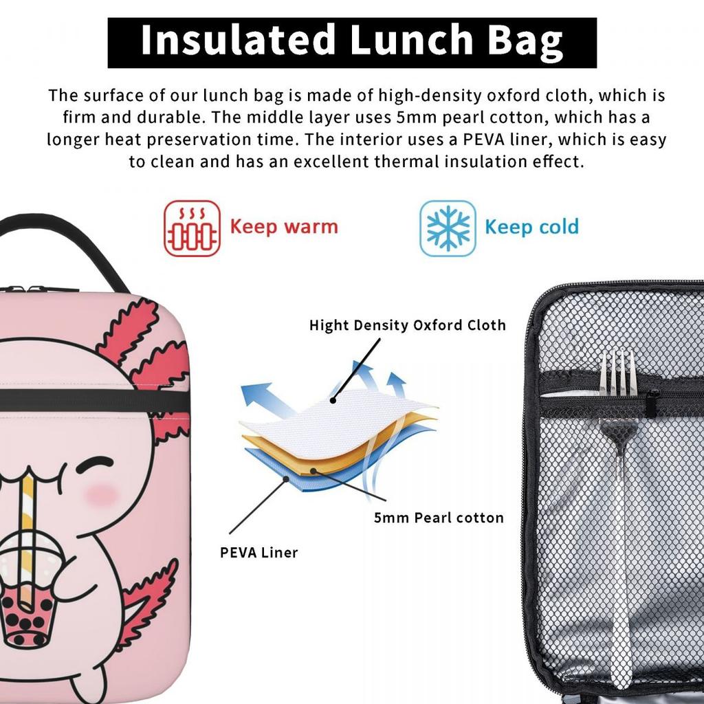 Cute Axolotl Milk Tea Print Insulated Lunch Bag for Women Children Portable Food Boxes Thermal Lunch Box Tote