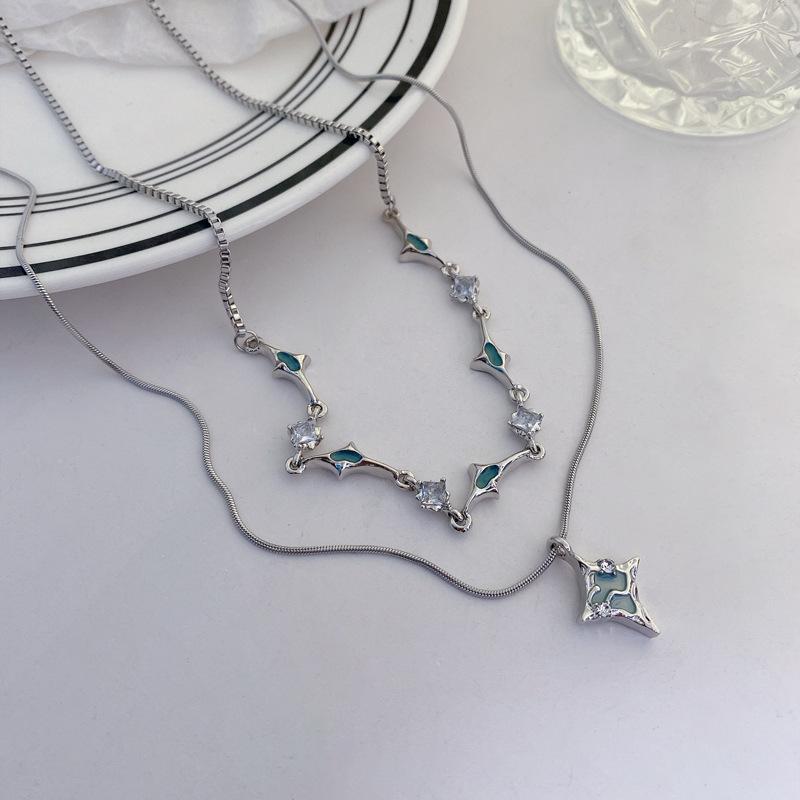 Double layered wearing blue dripping oil four-pointed star zircon splicing necklace women's summer ins niche design collarbone chain