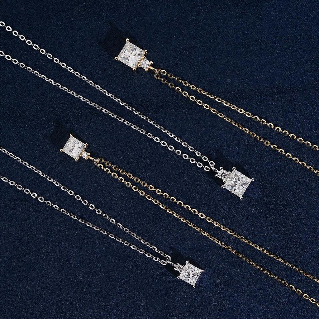 Super Shiny Princess Cut Moissanite Square Necklace, 1/1.5 Carat, Light Luxury Clavicle Chain, Elegant European & American Style Jewelry