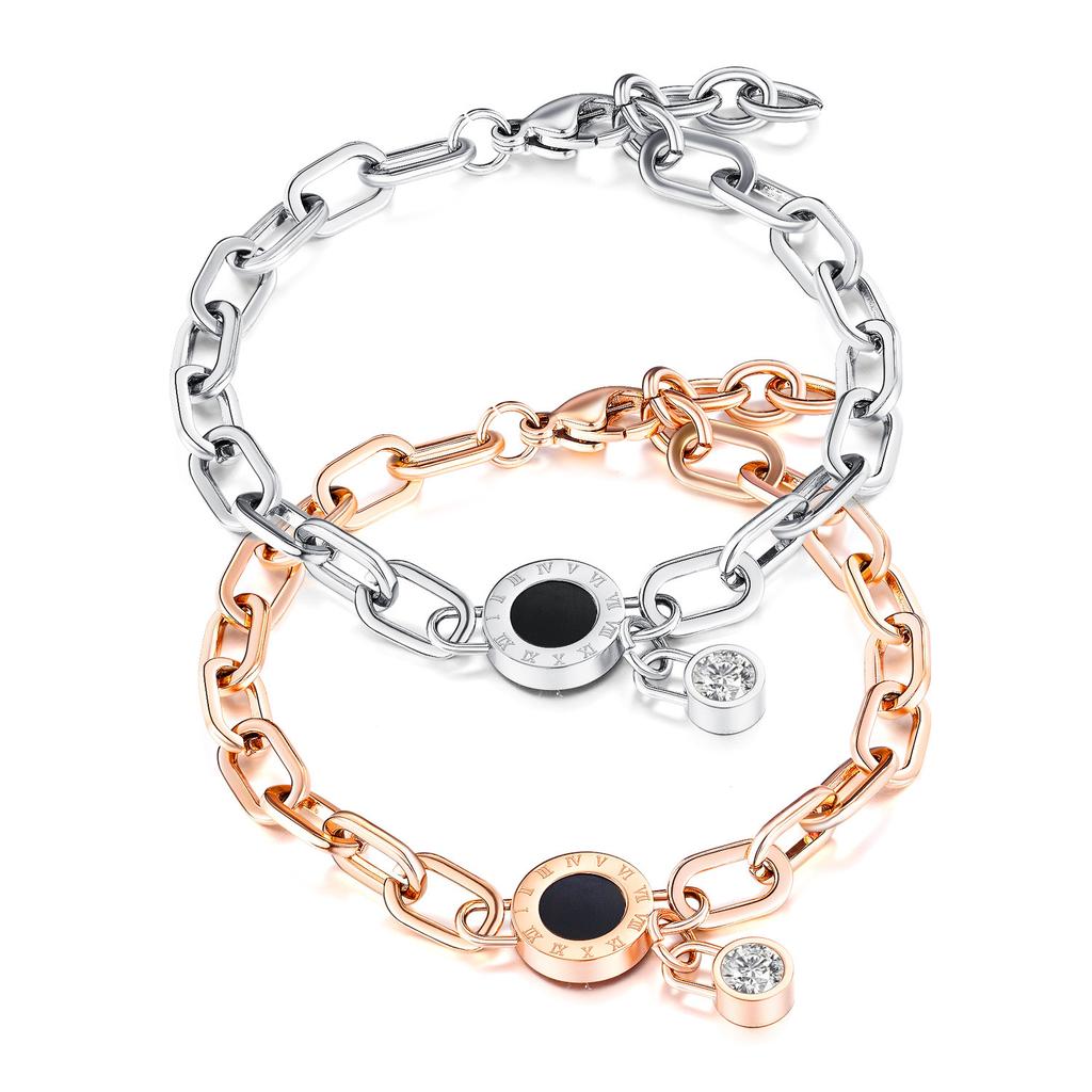 Rose Gold Color Roman Number CZ Bracelet for Woman Girl Adjustable Lobster Wristband Stainless Steel Chain Link  Gifts