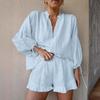 Stylish Cotton Linen V-Neck Lantern Sleeve Shorts Two-Piece Set