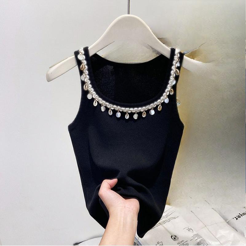 

Шикарные французские топы-майки с бисером для женщин, летняя модная верхняя одежда приталенного силуэта L