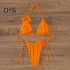 2Pcs/Set Women Bikini Set Lace-up Halter Padded Bra Swimming Trunks Set 3D Flower Decor Beach Style Swimwear