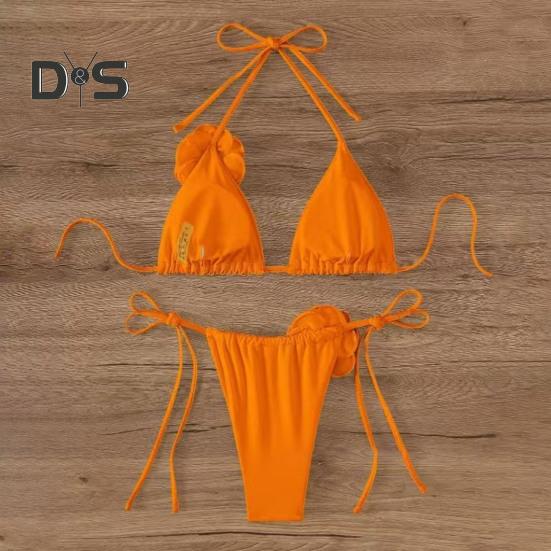2Pcs/Set Women Bikini Set Lace-up Halter Padded Bra Swimming Trunks Set 3D Flower Decor Beach Style Swimwear