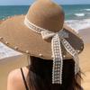 Summer Big Brim Hat Women's Bow Ribbon Straw Hat Seaside Versatile Beach Hat Pearl Sunscreen Sun Hat