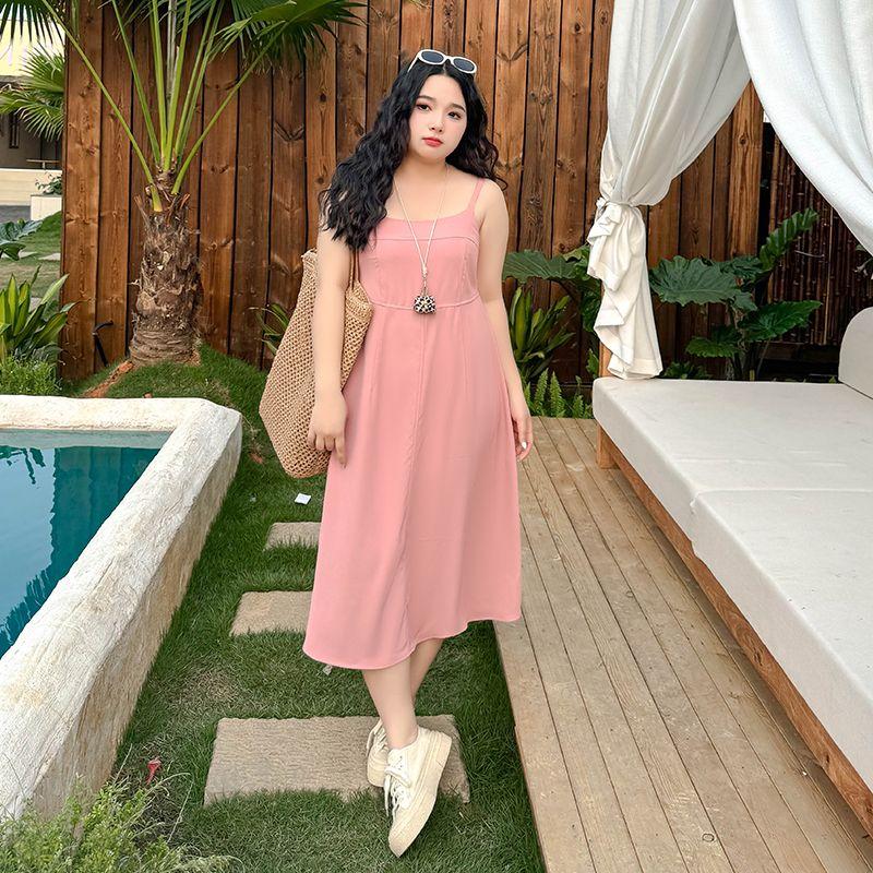 

Plus size women clothing [French style Vacation Private Dress] Beautiful Temperament Backless High Waist Summer Slimming Sling Dress