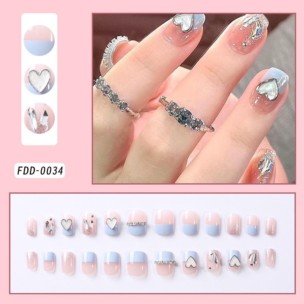 

24 Pieces Of Wearable Nail, Short Nail Pieces, Cute Square Short Nail Pieces, Butterfly Pearl Cartoon French Nail And Wearable Nail.3ML One Size синій