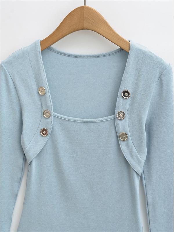Pure Desire Style Fake Two-Piece Off-Shoulder Imitation Cashmere Square Neck Long-Sleeve Slim Fit Women's Top