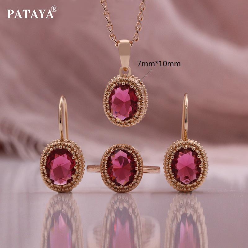 PATAYA 585 Rose Gold Farbe Klassische Rose Rot Künstliche Zirkon Ohrring Ring Anhänger Halskette Kombination Set