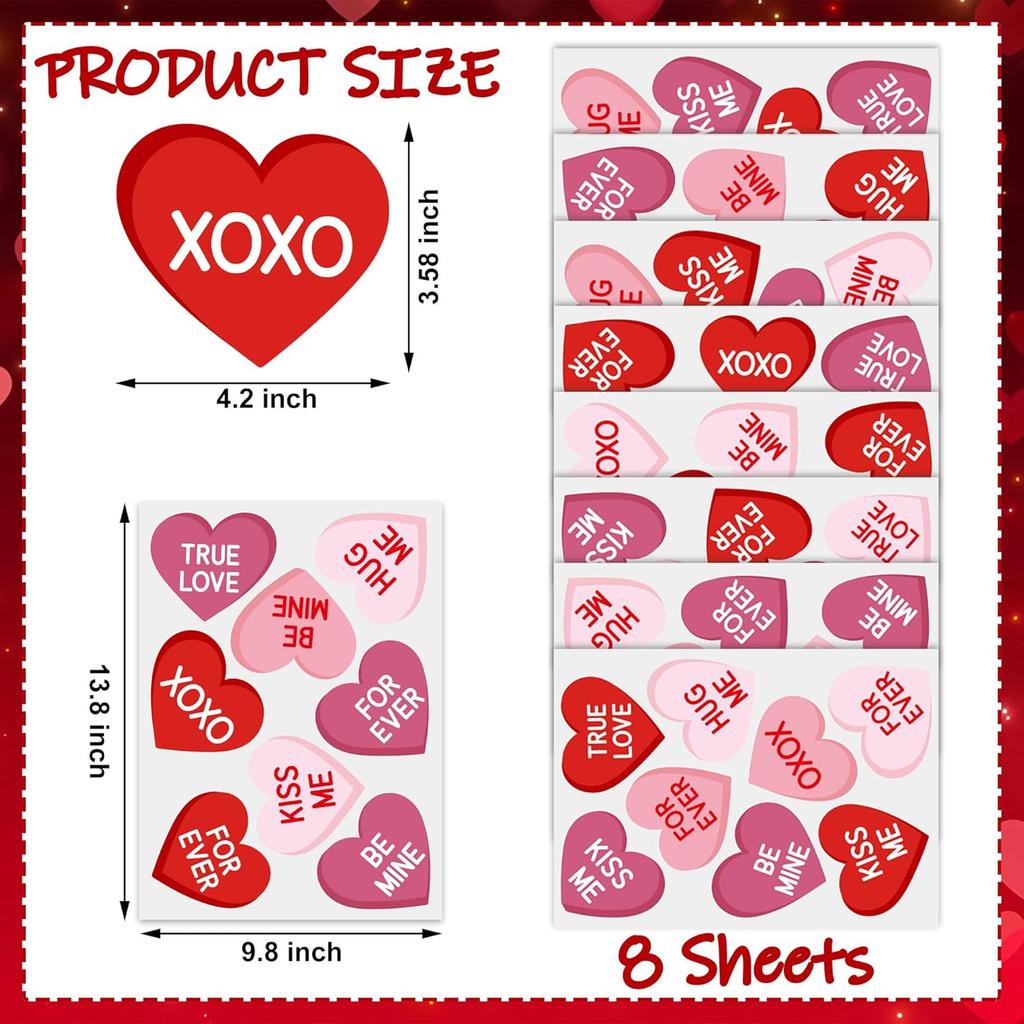 8 Sheets Valentines Day Heart Window Clings Red Pink Love Heart Window Stickers Double-Sided Conversation Hearts Windows Decals for Valentines