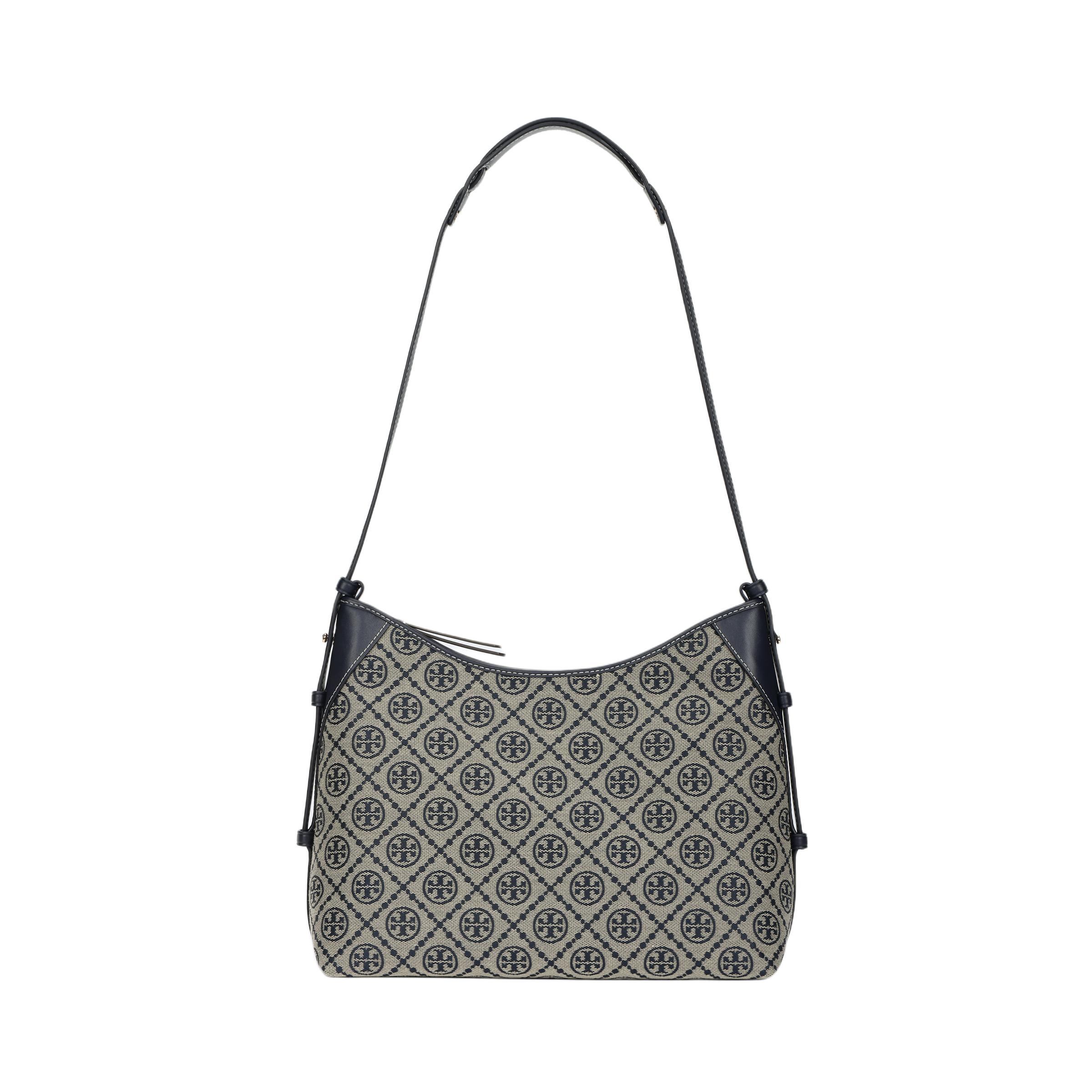Tory Burch Women's Blue T Monogram Classic Jacquard Leather Trim Fabric Tote Shoulder Bag Bags 169376-405