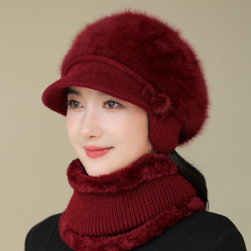 

Нова жіноча зимова шапка Зберігає тепло Кепка та шарф В язаний костюм Модна шапка для жінок Повсякденна в язана шапка з квітами 55cm-60cm вина червоного кольору
