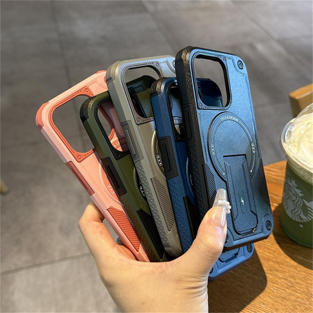 Military Hard Matte Defender Shockproof for Magsafe Case For iPhone 16 15 14 13 12 11 Pro Max Plus Luxury Magnetic Stand Cover
