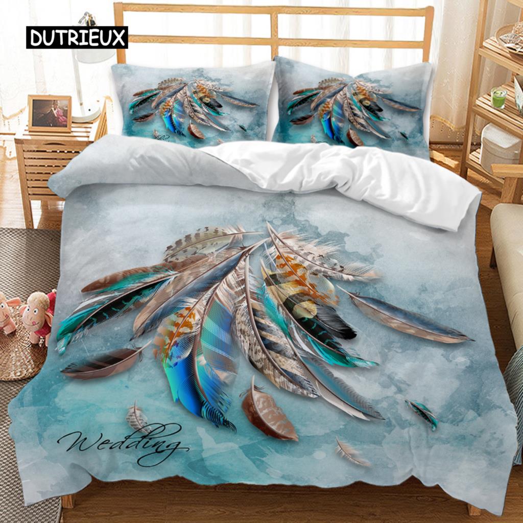 Feather Duvet Cover Vaned Types and Natal Contour Flight Bird Feathers Animal Skin Element Print King Size Polyester Qulit Cover